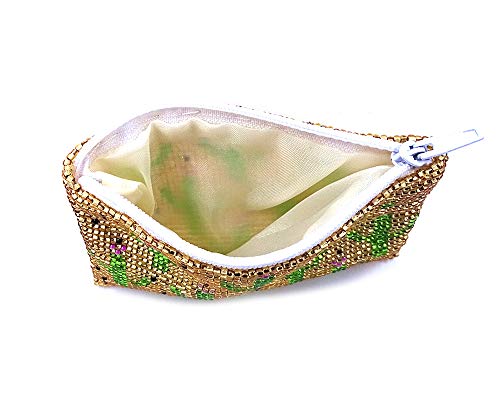Multi Saguaro Cactus Pattern Czech Glass Seed Beaded Coin Purse Zipper Pouch - Womens Fashion Handmade Bags Boho Travel Accessories (Gold) - color: Gold