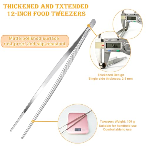 12-Inch Kitchen Tweezers, 18/8 Stainless Steel Tongs with Serrated Tips