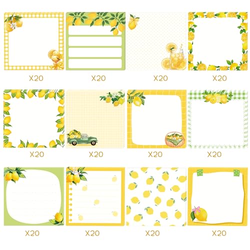 12 Pads Lemon Sticky Notes Set, 3x3 Inch Yellow Green Lemon Pattern Self Adhesive Memo Pads, 240 Sheets Summer Themed Sticky Notes for Writing Reminders, Page Markers, School Classroom Study, Office