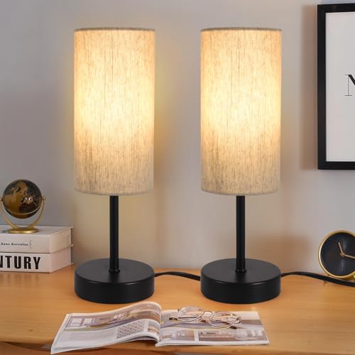 RISLG 2 Pack Small Table Lamps for Bedroom, Bedside Lamps for Nightstand with Wire Switch, Minimalist Modern Desk Lamps with Linen Fabric Shade for Kids Room Living Room Office Dorm, Bulb Included - color: 2 Pack Beige-Black, size: 13in