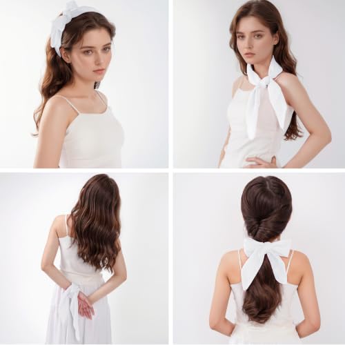 Pistha Chiffon Scarf Ribbon Neck Scarf Square Handkerchief 25.5 inch - color: White