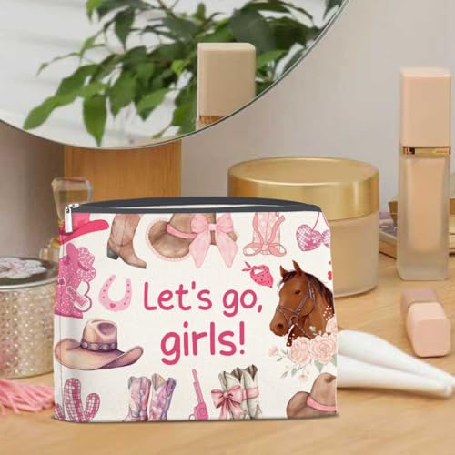 LyoGao Western Cowgirl Pink Makeup Bag, Nashville Cosmetic Bag for Country Girl Friend Daughter Sister, Let's Go Girls - color: girls