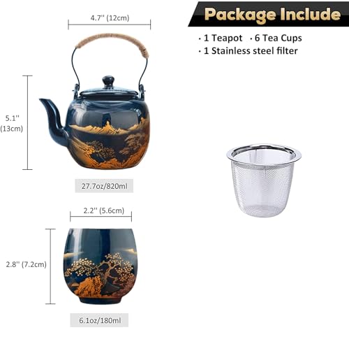 Gift Set Japanese Tea Set, Asian Black Glazed Ceramic Tea Set - Contains 1 Teapot, 1 Tea Strainer and 6 Teacups. Ideal for Home, Outdoor, Office (Blue1) - color: Blue1