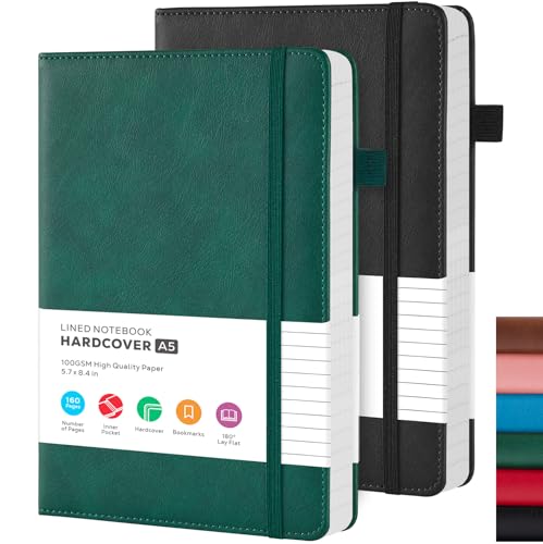 2 Pack Lined Journal Notebook for Work, A5 Medium Size (5.7'' x 8.4"), for Women Men Travelers Writing, Leather Hardcover, 100GSM Thick Paper, Daily Diary, School Office Supplies, Black & Green - color: Black_Green, size: A5