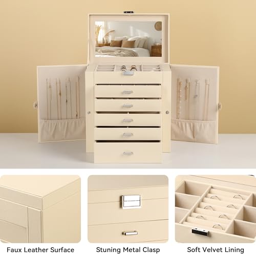 Frebeauty 6-Layer Jewelry Box for Women,Large Jewelry Organizer with Drawer - color: Beige, size: Large