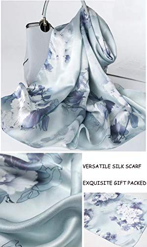ANDANTINO 100% Silk Long Scarf-Women Large Oblong Shawls with Gift Packed - color: Dusty Blue Peony