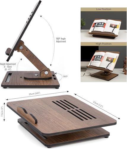 Vigo Wood 360° Rotating Book Stand, Tilt and Height Adjustable Laptop and Cookbook Holder, Foldable Reading Desk (Walnut)