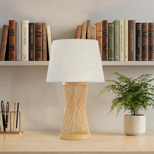 Boho Table Lamp, 17" Bamboo Bedside Lamp for Living Room