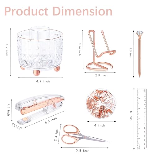Rose Gold Desk Accessories, Office Supplies Desk Organizers 360°Pen Holder Acrylic Stapler Set, Phone Holder, Ballpoint Pen, Scissor, Binder Clips, Ruler, Transparent Glue, Sticky Note and Staples. - color: Rose Gold