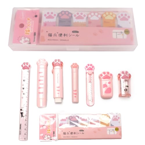 9 Pcs Cute Cat Paw Stationery Set Pencil Sharpener Retractable Eraser Correction Tape Sticky Notes Ruler Mini Scissors Utility Cutter School Office Supplies (Pink1)