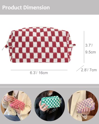 Checkered Makeup Bag for Purse, Small Travel Cosmetic Pouch,Christmas Red - color: Christmas Red