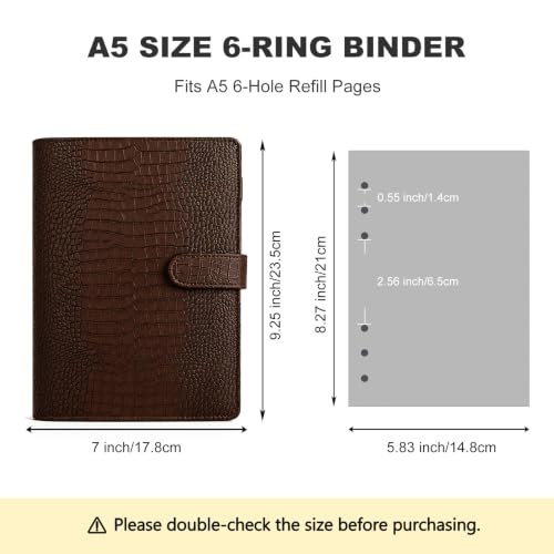 Convend A5/A6 Refillable 6 Ring Faux Leather Binder Cover, Brown Croc - color: Crocodile-brown, size: Luxe-A5