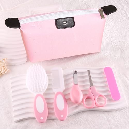 5-Piece Baby Grooming Kit with Multi-Use Storage Pouch - Infant Brush,Rounded Comb,Scissors,Nail Clippers & Emery Board -Essentials for Newborn Care & Travel Pink - color: 5pcs Pink 3