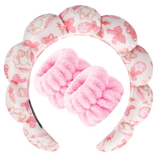Zkptops Spa Headband for Washing Face Wristband Set Sponge Makeup Skincare Velvet Fabric Bubble Soft Get Ready Hairbands for Women Puffy Headwear Non Slip Thick Thin Hair Accessory(Pink Bow) - color: ZYE Pink Bow