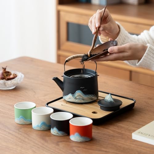Chinese Tea Set – Black Porcelain Gongfu Teapot with 4 Colors Cups & Tea Tray & Tea Strainer, Travel Tea Set with Carrying Case for Tea Ceremony, Daily Tea Ritual, Asian Style Gift - color: Black Teapot & 4-Color Teacups