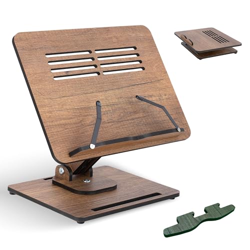 Vigo Wood 360° Rotating Book Stand, Tilt and Height Adjustable Laptop and Cookbook Holder, Foldable Reading Desk (Walnut)