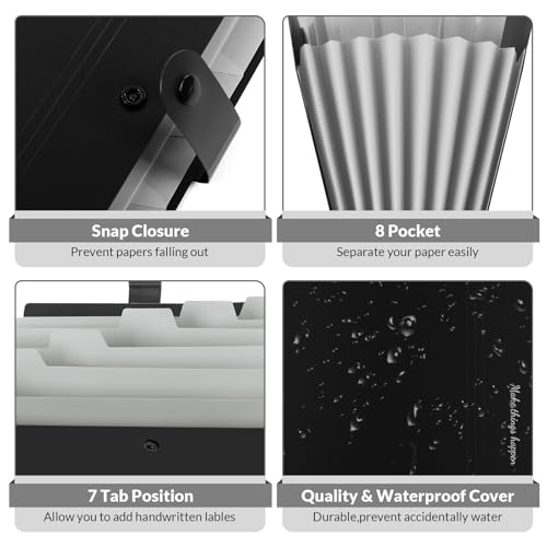 SKYDUE 8 Pockets Expanding File Folders, Accordion Folders, Portable Paper Bill Receipt Organizer, Letter Size, Home College School Office Supplies, Black - color: Black-cm