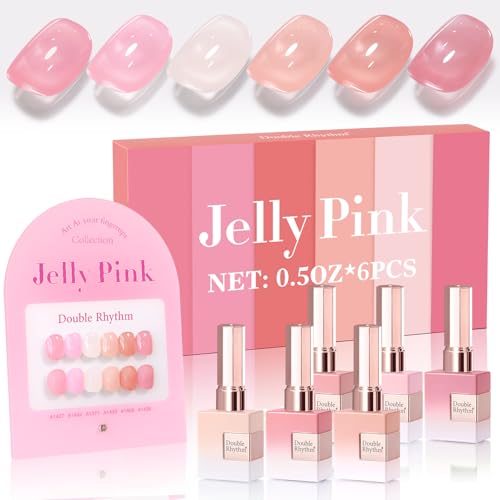Double Rhythm 6 Pcs 15 ML Gel Polish Set Same Color Same Bottle Soak Off Gel Polish Kit Nail Art Manicure Salon DIY at Home for Women (Jelly Milky White Nude Pink Rose-T6-23) - color: Jelly Pink