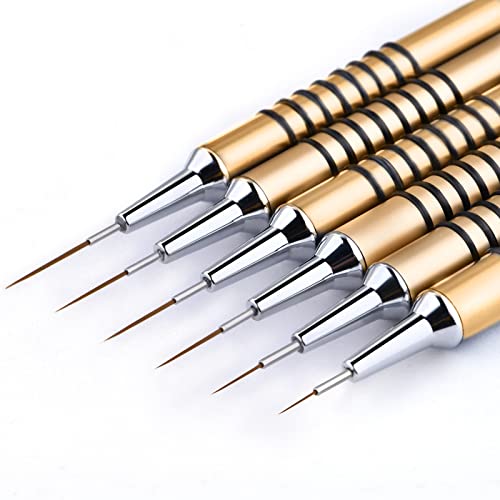 Nail Art Liner Brushes Set, 6Pcs Nail Art Design Brush Striping Thin Long Lines Dotting Drawing Pen, UV Gel Polish Painting Metal Handle Striper Brushes Size 5/7/9/11/20/25mm - color: Gold