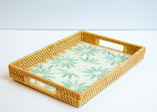 Magenta & Teal Decorative Rectangle Rattan Serving Tray 13x9 inch Mother of Pearl Inlay, Wicker Coffee Table Decor, Farmhouse (Green Flower) - color: Green Flower