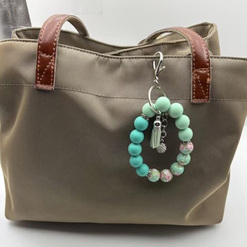 Unpafcxddyig Silicone Bead Keychain Bracelet Wristlet Key Ring - color: Rainbow Lake Blue