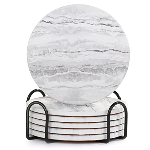 Acejoz Drink Coasters with Holder for Coffee Table, Absorbent Coaster Set of 6, Marble Style Ceramic Coaster for Wooden Table, Suitable for Kinds of Cups, Home Decor, 4 Inches - color: Grey Marble