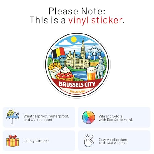 Cartoon Style Belgium Brussels City Sticker - Waterproof Outdoor Vinyl Decal, 3 Inch - color: Cartoon Style Belgium Brussels City, size: 3'' longer side