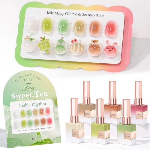 Double Rhythm 6 Pcs 15 ML Gel Polish Set Same Color Same Bottle Soak Off Gel Polish Kit Nail Art Manicure Salon DIY at Home (Jelly White Mint Green Olive Tea Brown Rose Red-T6-83) - color: Jelly Garden