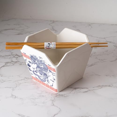 Urban Tokyo Chinese Takeout Box Style Porcelain Bowl With Chopsticks 18 fl oz Square Shape Rice Noodles Pasta To Go Shaped Microwave Dishwasher Safe (Oriental Dragon) - color: Oriental Dragon