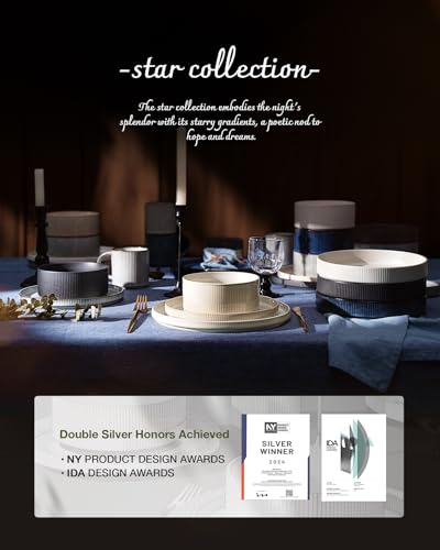 Famiware Star Stoneware Dinnerware Sets for 8, Reactive Glaze Plates, Bowls - color: Matte White & Charcoal