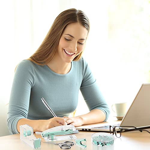 Office Supplies Set Desk Accessory Kit, Acrylic Stapler Set Staple Remover, Tape Dispenser, Binder Clips, Paper Clips, Ballpoint Pen and Scissor with 1000 Pieces 26/6 Staples (Green) - color: Green