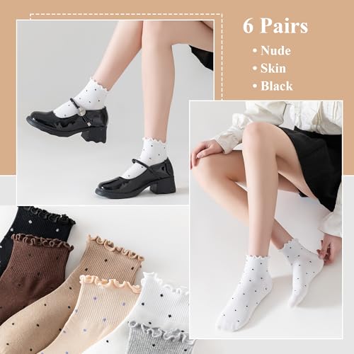 Women‘s Ruffle Ankle Socks,Vintage Patterned,Short Casual Dress Sock,Cute Princess Lettuce Floral Socks 6 Pack - color: Neutral Color