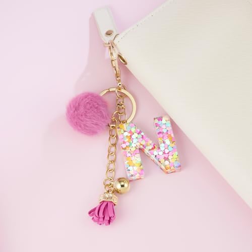 Resin Alphabet Initial Letter Keychain Keyring for Women Purse Handbags With Fur Ball Pom - color: Deep Pink Fur Ball Letter N