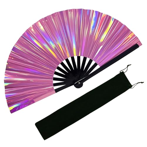 EOSAU Large Holographic Rave Fan, Folding Hand Fans for Line Dancing, Pink - color: 13" Pink 01
