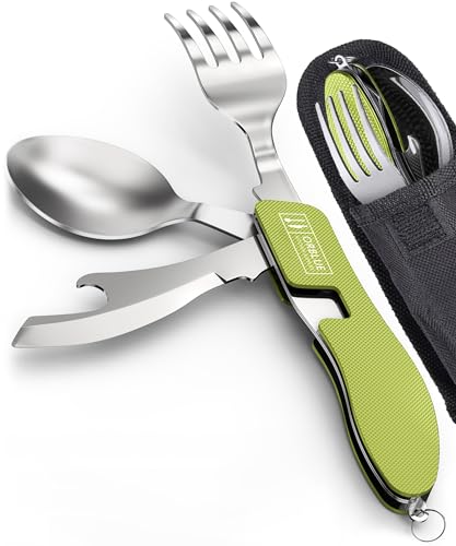 Orblue 4-in-1 Camping Eating Utensils, 2-Pack - Portable Spoon, Fork, Knife & Bottle Opener Combo Set - Stainless Steel Flatware with Detachable Fork - Travel, Backpacking Cutlery Multitool, Green - color: 2-PACK Green