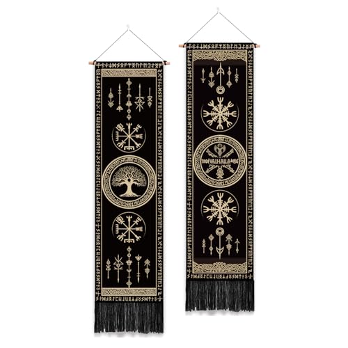 PLIGREAT 2 Pack Viking Symbols Tapestry with Tassels Tree of Life Celtic Rune Aesthetic Wall Hanging Vertical Home Art Tapestry for Bedroom Bathroom Living Room Long Narrow Wall Hanging Art Decor - color: black,beige