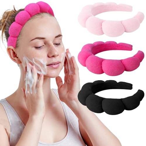 WHAVEL 3 Pack Spa Headband Skincare Headbands, Makeup Headband Sponge Terry Cloth Headbands Face Wash Headband Puffy Hair Band for Washing Face Women Girls (Pink, Hot pink, Black) - color: Pink, Hot pink, Black