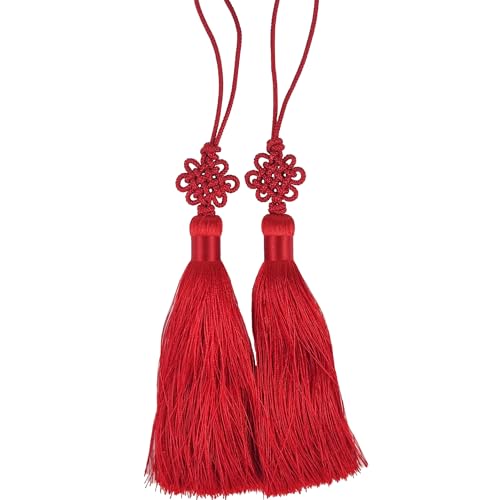 Mini Korean Silk Knot Norigae Set - 2 Pack Arirang Inspired Tassel Bag Charms in 13 Colors - Traditional Hanbok Accessories (Bright Red) - color: Bright Red