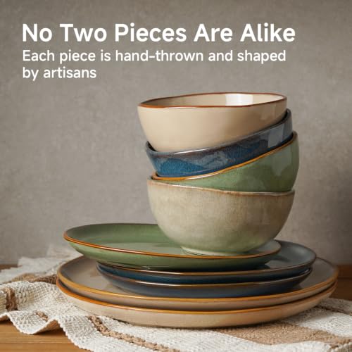 Stoneware Dinnerware Sets for 6, Reactive Glaze Plates and Bowls, Green - color: Green, size: Service for 6-18Pcs