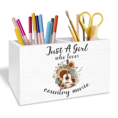 Western Cowgirl Pen Holder for Desk, Country Western Gifts Pencil Organizer, Just a Girl Who Loves Country Music Wooden Box Sign Desk Decor for Home Office Decoration - color: COUNTRY MUSIC