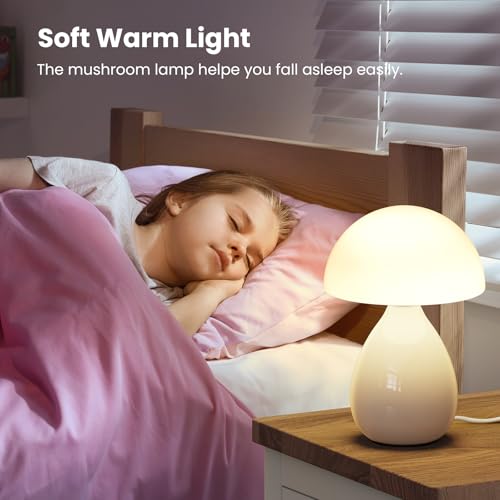 Mushroom Lamp Small Vintage Table Light, Mini Modern Lamp Bedside Nightstand LED, Small Light Dimmable for Bedroom, Living Room, Ceramic Base Glass Led Home Decor for Woman Gifts - color: White