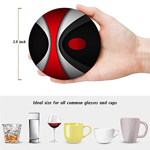 HUXJOKO Coasters for Drinks Set of 6,Modern Red Black Geometric Absorbent Ceramic Coaster,Round Stone Mat,with Cork Base and Metal Holder for Coffee Table Room Bar Home Decor Housewarming Gifts - color: Red Black Geometric, size: Round