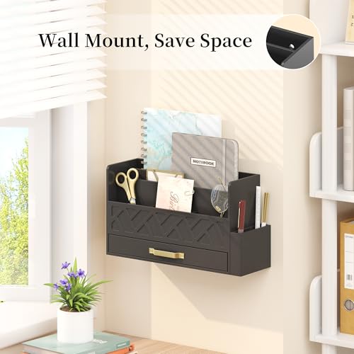 Wisuce Bamboo Mail Organizer Countertop with Drawer and Pen Holder, Black - color: Black
