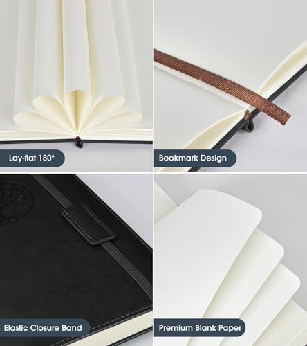Biuwory A5 Hardcover Blank Journal Notebook, Leather Sketchbook for Drawing - color: Black, size: Plain-140 Pages (5.7"×8.3")