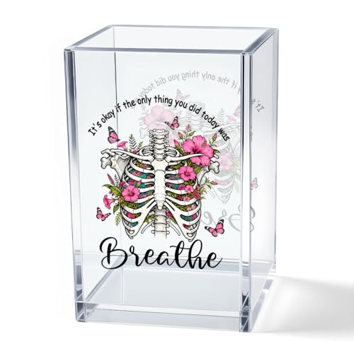 It's Okay Only Breathe Acrylic Cosmetic Pencil Pen Holder Cup, Skeleton Desk Organizer Accessories for Office, Inspirational Gifts for Women Girl Coworker Therapist Teacher Respiratory Doctor - style: Breathe B