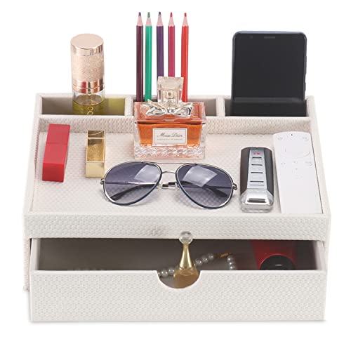 Leather Desk Organizer With Drawers, Home Cosmetics & Phone Remote Organizer, Drawer Plus Divider & Tray (white) - color: white