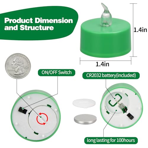 KOABY 12 Pack Green Light Flameless Tea Lights, Green Base, Last 100H - color: Green Light, Green Base, size: 12 Pack