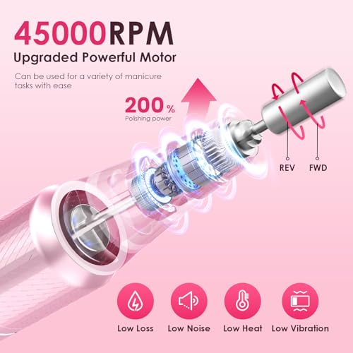 Professional Electric Nail Drill 45000RPM Cordless Nail File - color: Pink