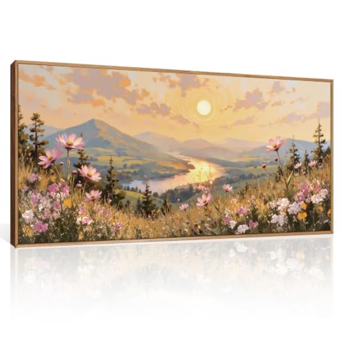 LHIUEM Large Boho Sunset Wildflower Framed Canvas Wall Art,Nature Pink Flower Wall Decor,Blossom Botanical Mountain Landscape Artwork for Living Room,Bedroom,Dining Room,Office-20 x40 x1 - color: Boho Sunset Wildflower Wall Art, size: 40"L x 20"W