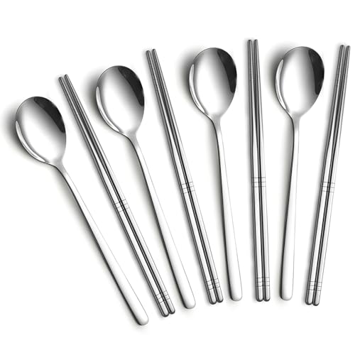 4 Set Korean Chopsticks and Spoons, Stainless Steel Metal Set, Reusable Flat Long Handle Set for Home, Kitchen or Restaurant - color: 4 chopsticks and 4 spoons set